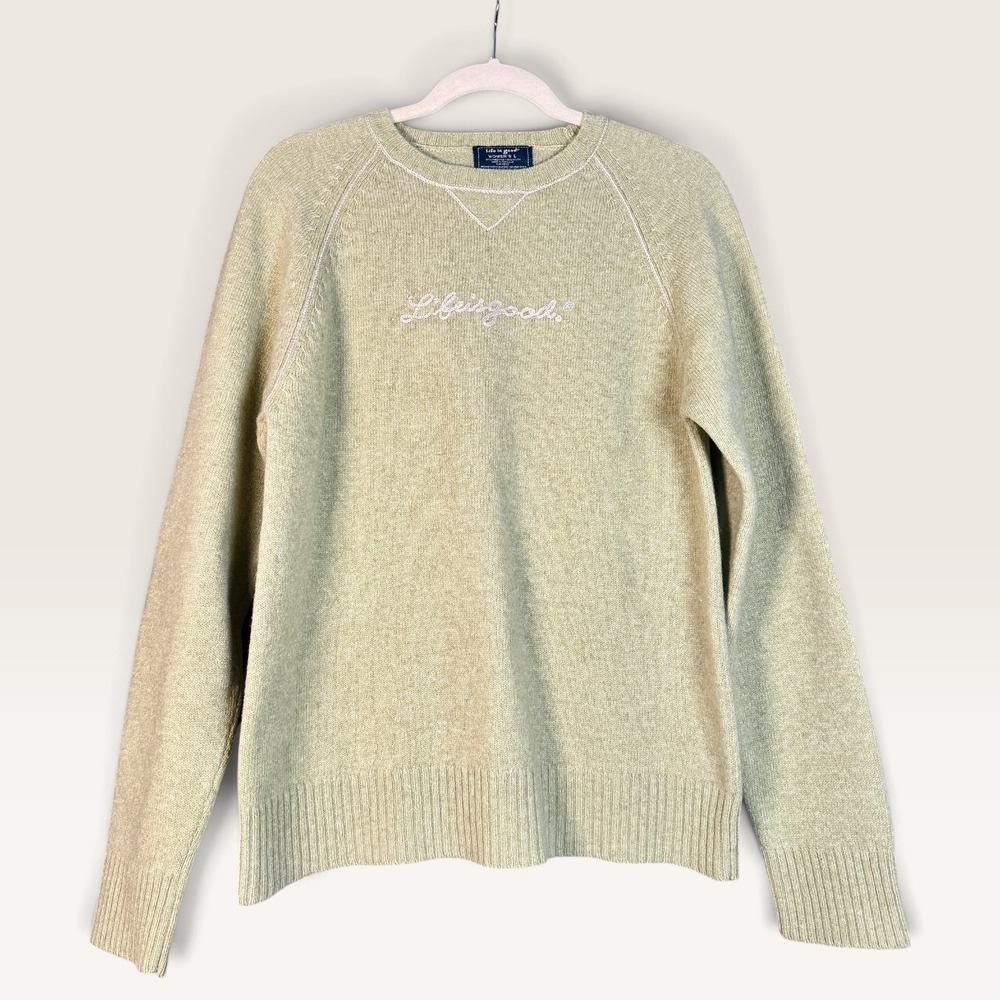 Life is Good Logo Lambswool Crewneck Sweater Sage Green Large Grannycore EUC